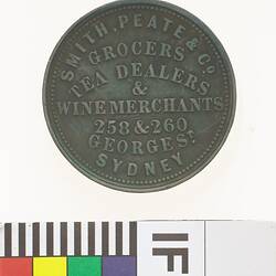 Token - Halfpenny, Smith, Peate & Co, Grocers, Tea & Wine Merchants, Sydney, New South Wales, Australia, circa 1857