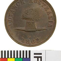 Surcharged Token - 1 Penny, Thomas Stokes, Diesinker, Token Maker & Medallist, Melbourne, Victoria, Australia, 1862, 'D'