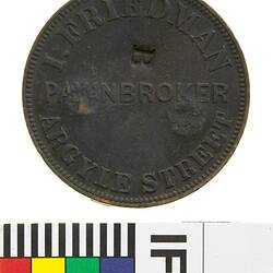 Surcharged Token - 'B' on 1 Penny, I. Friedman, Pawnbroker, Hobart, Tasmania, Australia, 1857