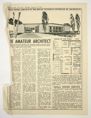 Newspaper cutting with line drawing of house and floor plan