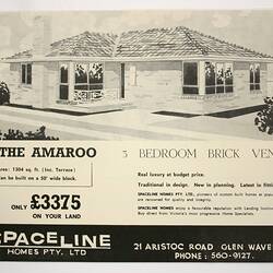 Brochure - Spaceline Homes Pty Ltd, 'Amaroo' House Design, Glen Waverley, early 1960s