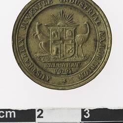 Round bronze coloured medal with coat of arms, text surrounding