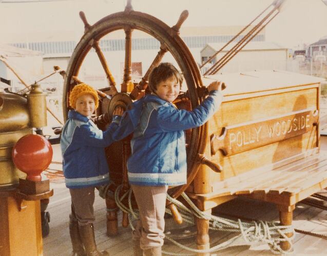 Digital Photograph - Two Girls at Helm of 'Polly Woodside', South Melbourne,  1980