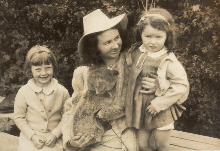 Digital Photograph - Woman & Two Girls with Koala, Balwyn Wildlife Sanctuary, 1943