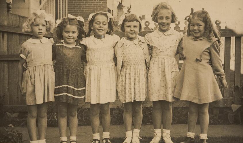 Digital Photograph - Six Little Girls Lined up in Party Dresses, Northcote, 1948