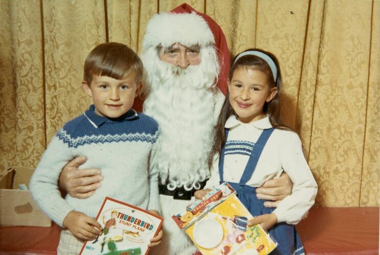 Digital Photograph - Boy & Girl with Presents Sitting with Santa Claus, Myers Store, Melbourne, circa 1970