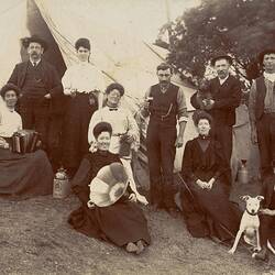 Digital Photograph - Extended Family at Picnic, with Tent, Accordion, Dogs & Gramophone, circa 1907