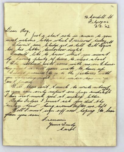 Handwritten letter on buff coloured paper, cursive script in black ink, water damage and smudging on the left.