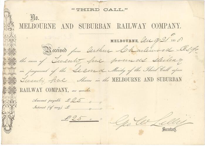 Receipt - Melbourne & Suburban Railway Company, 1858