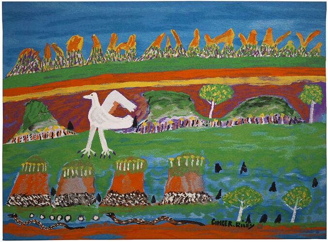 Woven colourful outback landscape with white bird.