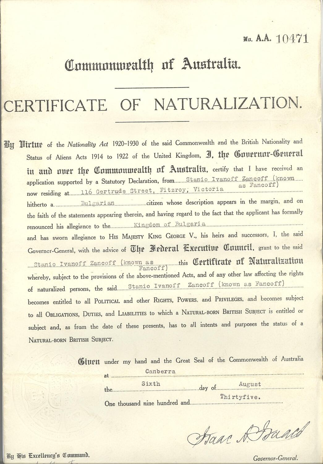 Certificate Of Naturalisation Issued To Stanio Fancoff Australia 1935 certificate-of-naturalisation-issued-to-stanio-fancoff-australia-1935