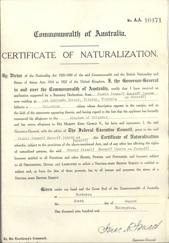Certificate of Naturalisation- Stanio Fancoff, Australia, 1935