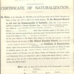 Certificate of Naturalisation - Issued to Stanio Fancoff, Australia, 1935