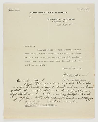 Letter - Commonwealth of Australia, 21st Jul, 1938