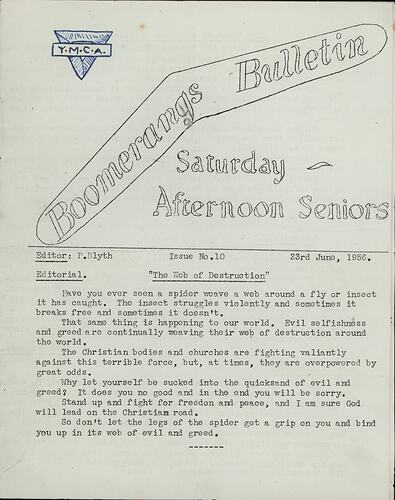Newsletter - Boomerangs Bulletin, Young Mens Christian Association, Melbourne, 23 June 1956