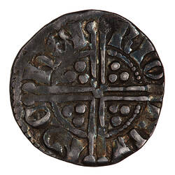Coin, round, long cross voided which breaks through a beaded circle, a quatrefoil in each angle.