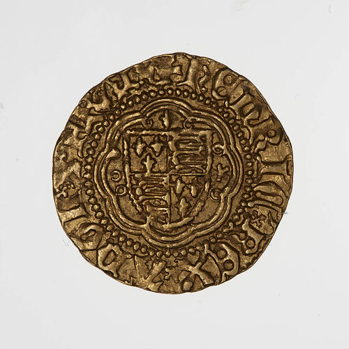 Coin, round, shield quartered with the English and French arms; text around.