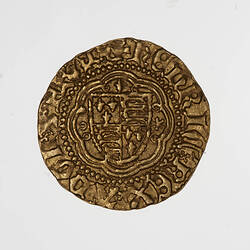 Coin, round, shield quartered with the English and French arms; text around.