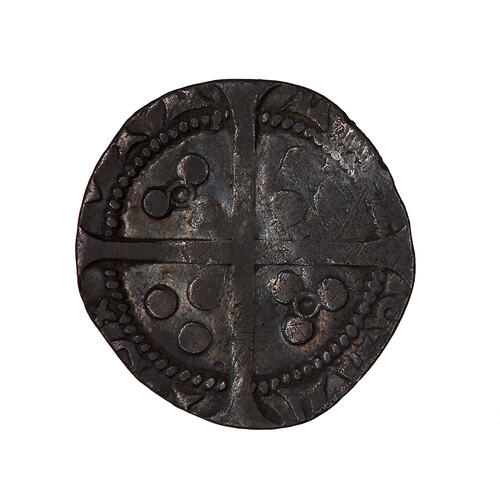 Coin, round, long cross pattee dividing legend; text around.