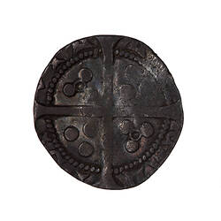 Coin, round, long cross pattee dividing legend; text around.