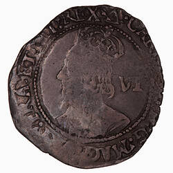 Coin, round, Crowned bust of the King facing left wearing a lace collar and armour; text around.