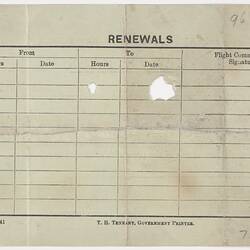 Reverse of paper form with blank table printed in black ink.
