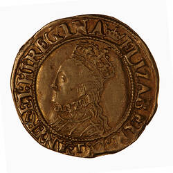 Coin, round, Within an inner bead circle, crowned bust of the Queen, wearing ruff and decorated dress.