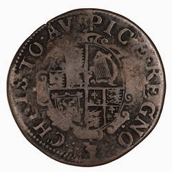 Coin, round, oval shield quartered with the arms of England, France, Scotland and Ireland.