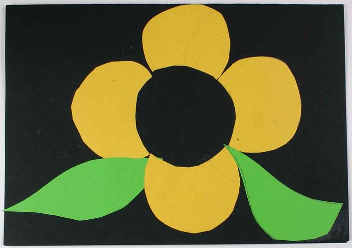 Yellow flower with black centre and green leaves.