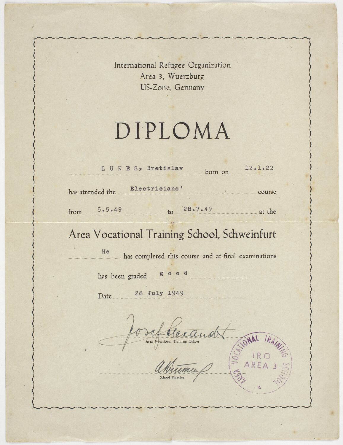 Diploma Electrician Course, Issued to Bretislav Lukes , International