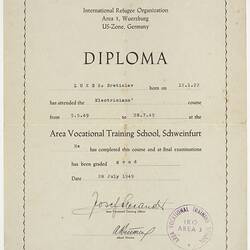 Diploma - Electrician Course, Issued to Bretislav Lukes , International Refugee Organisation, 28 Jul 1949