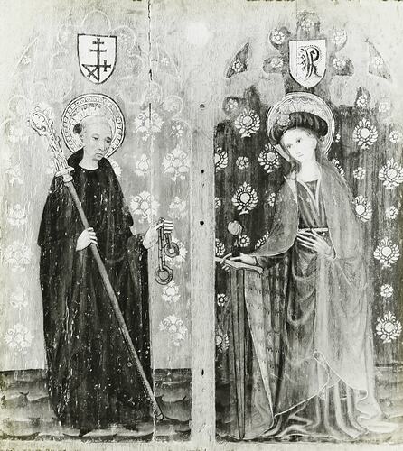 Lantern Slide - 'St Leonard with Crozier and Manacles and St Catherine with Sword and Book' Oak Panel, Victoria & Albert Museum, 1909-1930