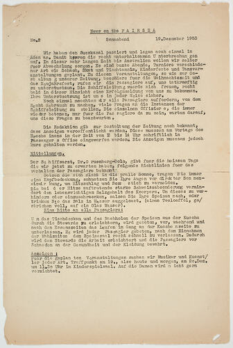 Shipboard Newsletter - News on the Fairsea, 1953 [German Text]