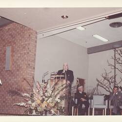 Photograph - Kodak Australasia Pty Ltd, Prime Minister Robert Menzies Delivering a Speech at the Official Opening of the Kodak Factory, Coburg, 1961