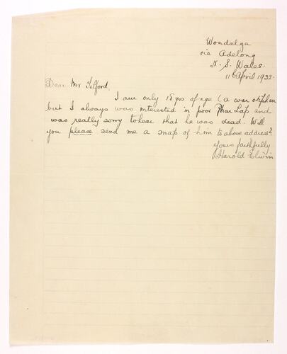 Letter - Elwin to Telford, Phar Lap's Death, 11 Aprl 1932