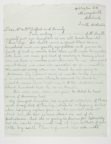 Letter - Neville to Telford, Phar Lap's Death, 1932