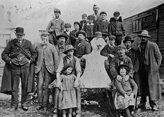 Negative - Group With Snowman Built on Table, Ballarat, Victoria, 1902