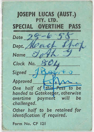 Card - Special Overtime Pass, Joseph Lucas Pty Ltd, Melbourne, 1958