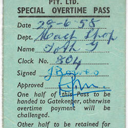 Card - Special Overtime Pass, Issued to G Toth, Joseph Lucas Pty Ltd, 28 Jun 1958