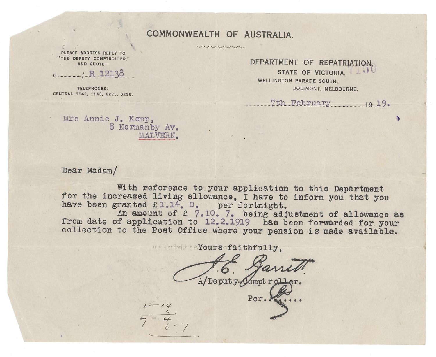 Repatriation Letters Draft Example Letter - Department of Repatriation to Mrs Annie J. Kemp, Increased ...