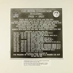 Photograph - Plaque Commemorating the State Parliament Occupation of the Western Annexe, Exhibition Building, Melbourne, circa 1981