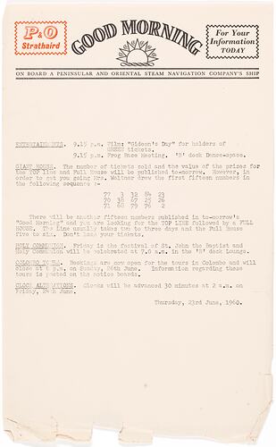 Newsletter - 'Good Morning', P&O Lines, Strathaird, 23 Jun 1960