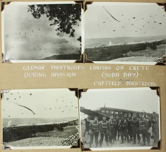 Four photos, three of parachuters in the air, one of a group of serviceman standing in front of a plain.