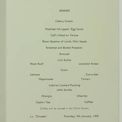 Menu - Orient Line, SS Orcades, Dinner, Thursday 9 January 1958