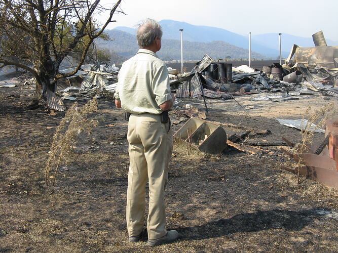 Destroyed Farm Sheds, Black Saturday Bushfires Aftermath, Rosewhite, Victoria, 11 Feb 2009