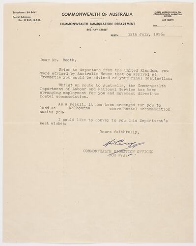 Letter - Notification of Destination in Australia, Commonwealth of Australia to Ron Booth, 12 Jul 1956