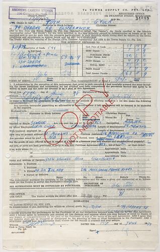 Hire Purchase Agreement - Issued to Julius Toth, Andrews Camera Stores, Melbourne, 17 Jun 1958