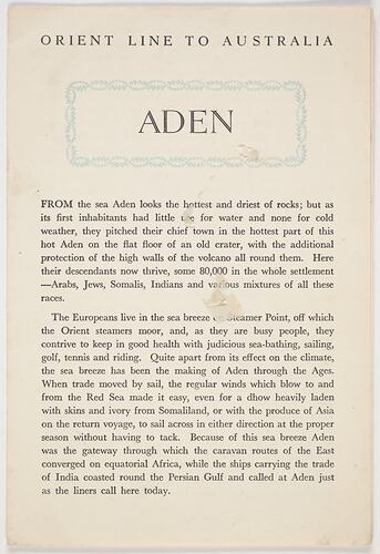 Booklet - Aden, Orient Line, 1954