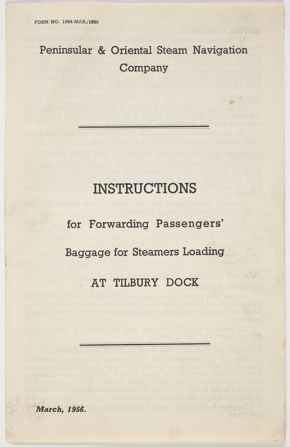 Leaflet Instructions for Forwarding Passengers' Baggage, P&O Lines, 1956