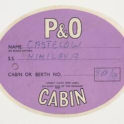 Baggage Label - P&O, S.S. Himalaya, Cabin, circa 1950s
